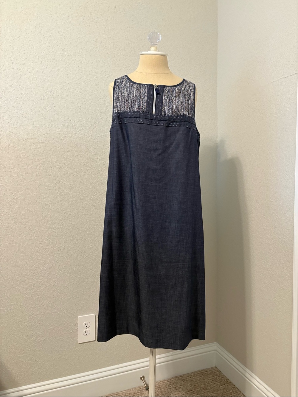 Etcetera Navy Sleeveless Shift Dress with Textured Yoke